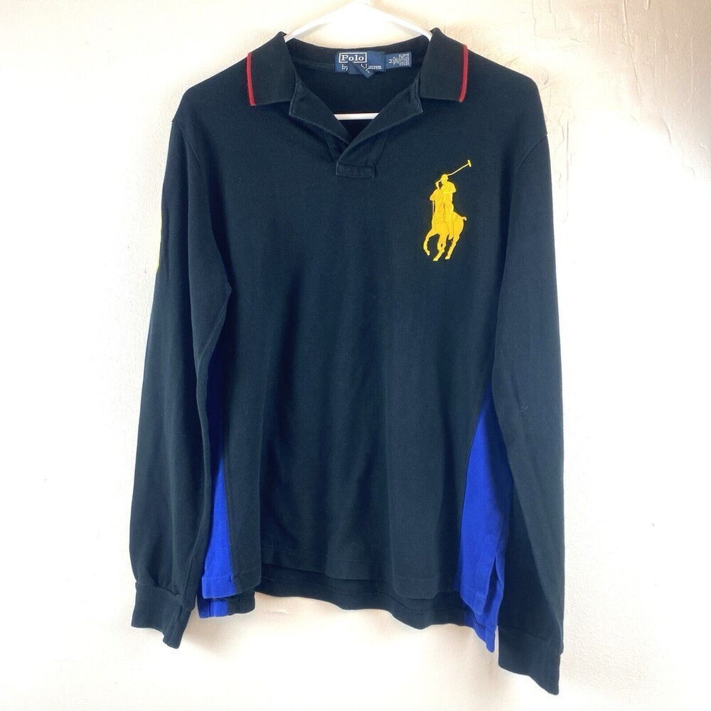 Polo by Ralph Lauren Black Long-Sleeve Polo with Yellow Logo and Blue Panels